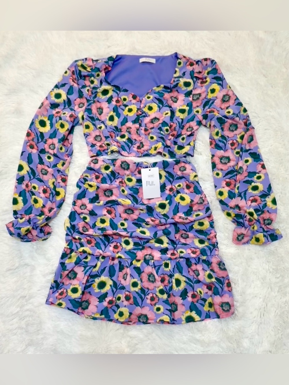 Women’s Floral Ruched Two-Piece Dress - Purple Pink Print Size S-M